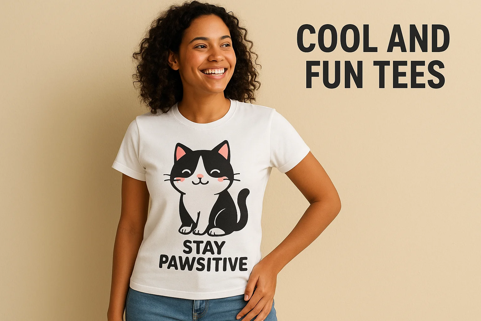 A smiling woman with curly hair wears a white t-shirt featuring a cute cartoon black and white cat and the words STAY PAWSITIVE. Perfect for cat enthusiasts, she stands against a beige wall next to bold text that says COOL AND FUN TEES.
