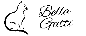 Simple black minimalist cat drawing of a sitting cat facing left, with the words Bella Gatti in elegant, cursive script to the right. The background is light gray—perfect as an elegant cat logo.