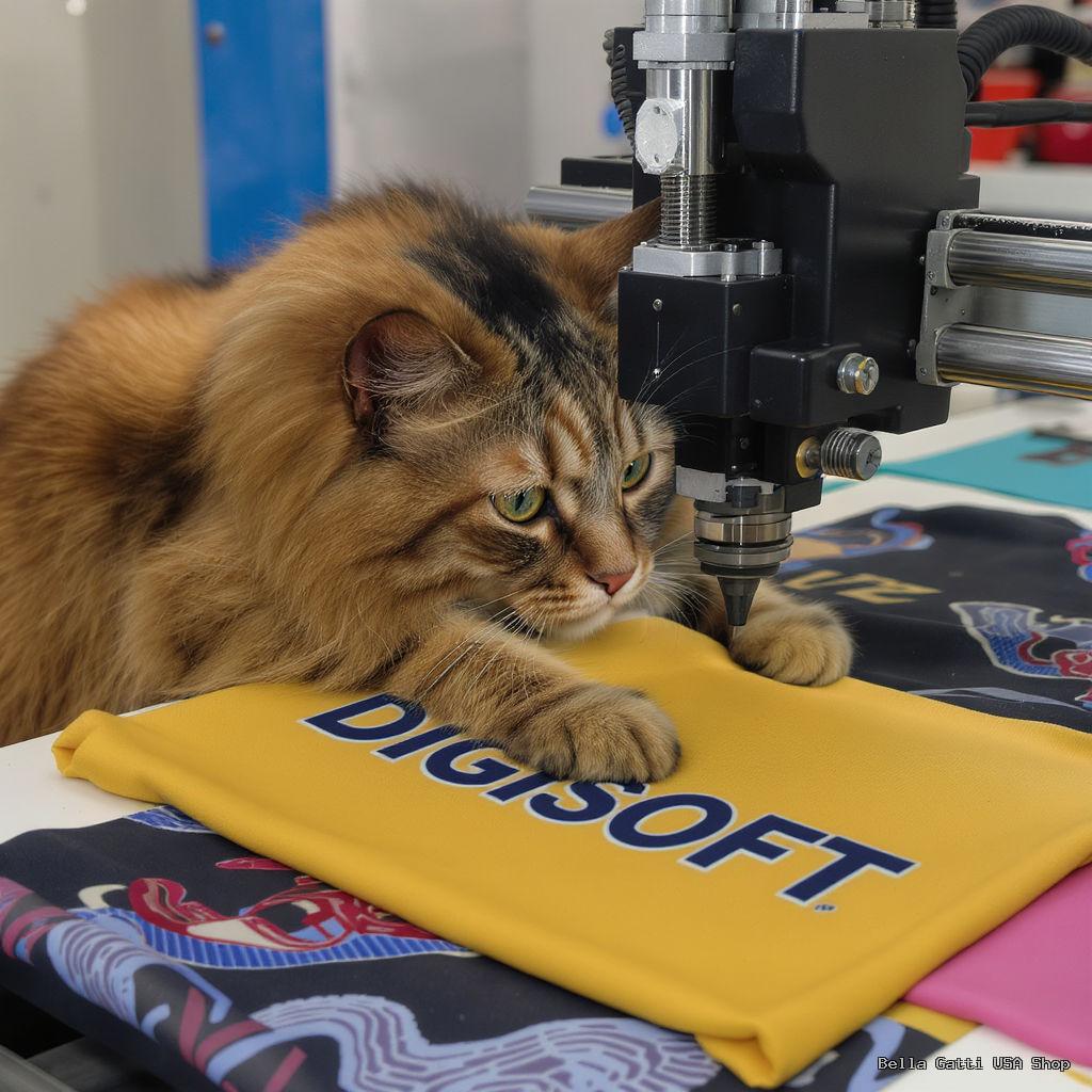 Cat on fabric near textile printer machinery.