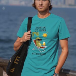 Man wearing 'prefer brunch' t-shirt by the water.