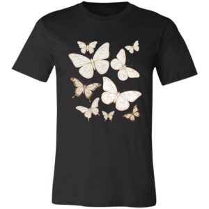 A black t-shirt featuring a cluster of eight cream-colored butterflies with light brown outlines and details, arranged in various sizes and positions across the chest area. The design has a delicate, natural, and artistic style.