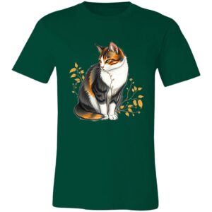 A dark green T-shirt features a detailed illustration of a calico cat sitting gracefully amid small golden leaves and branches, centered on the chest. The cat has white, orange, and black fur, and looks thoughtfully to the side.