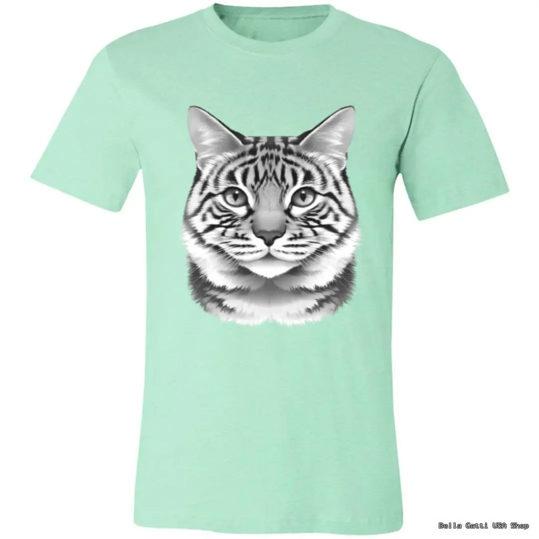 A light green T-shirt featuring a large, realistic black-and-white illustration of a tabby cat’s face centered on the chest. The T-shirt has short sleeves and a plain background.
