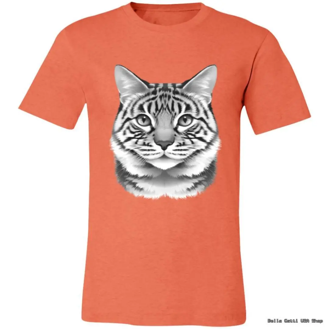 An orange t-shirt features a large, detailed black and white illustration of a tabby cats face printed prominently in the center of the chest area. The background is plain, and nothing else decorates the shirt.