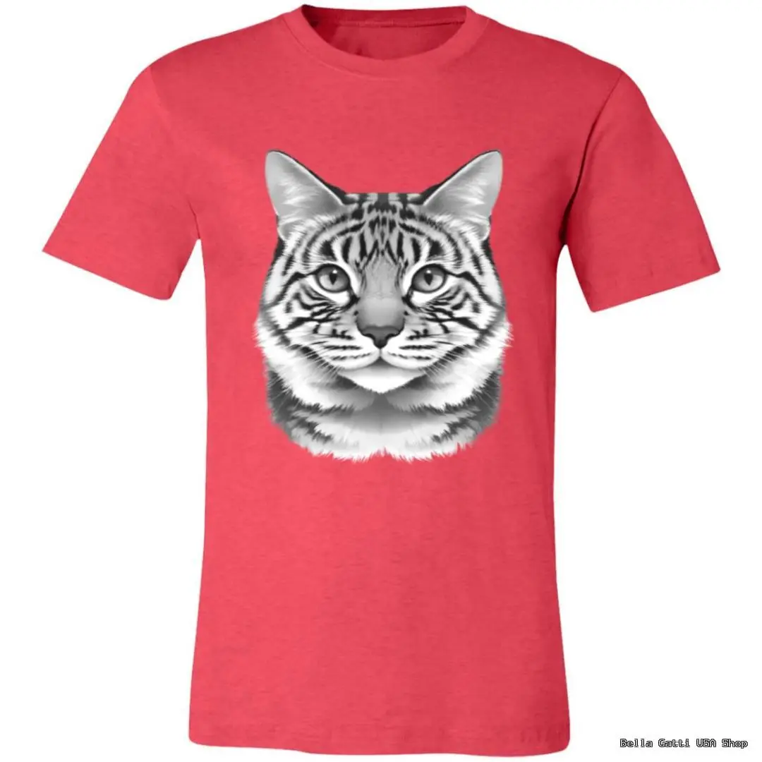 A red short-sleeve t-shirt features a large, realistic black-and-white illustration of a tabby cat’s face centered on the chest. The cat is looking forward with a neutral expression. The background is plain, emphasizing the shirts design.