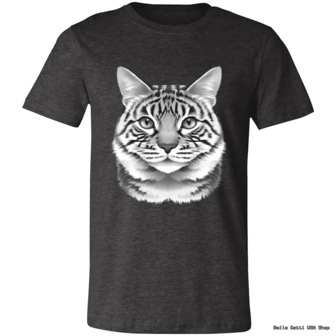 A black T-shirt features a large, realistic grayscale illustration of a tabby cat’s face centered on the chest. The cat’s expression is neutral, and its detailed fur patterns and vivid eyes stand out against the dark fabric.