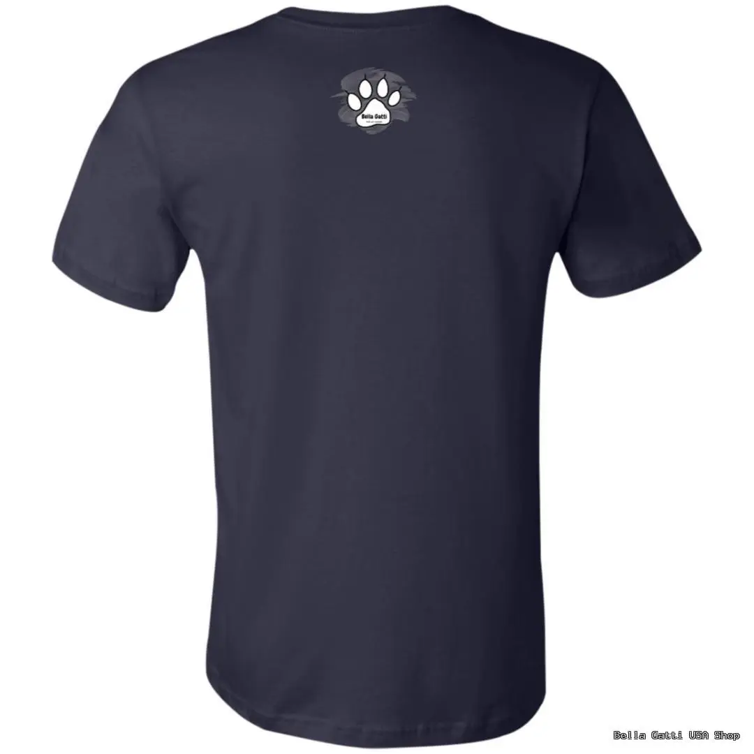 A navy blue short-sleeve t-shirt seen from the back. Near the upper center of the back is a small graphic of a white animal paw print with the word believe written in lowercase inside the paw pad. The rest of the shirt is plain.