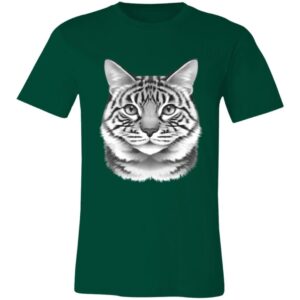 A green T-shirt featuring a large, realistic grayscale illustration of a tabby cat’s face centered on the chest. The cats eyes look straight ahead, and its fur is detailed with stripes. The shirt has a simple, classic crew neck design.