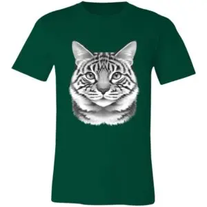A green T-shirt featuring a large, realistic grayscale illustration of a tabby cat’s face centered on the chest. The cats eyes look straight ahead, and its fur is detailed with stripes. The shirt has a simple, classic crew neck design.