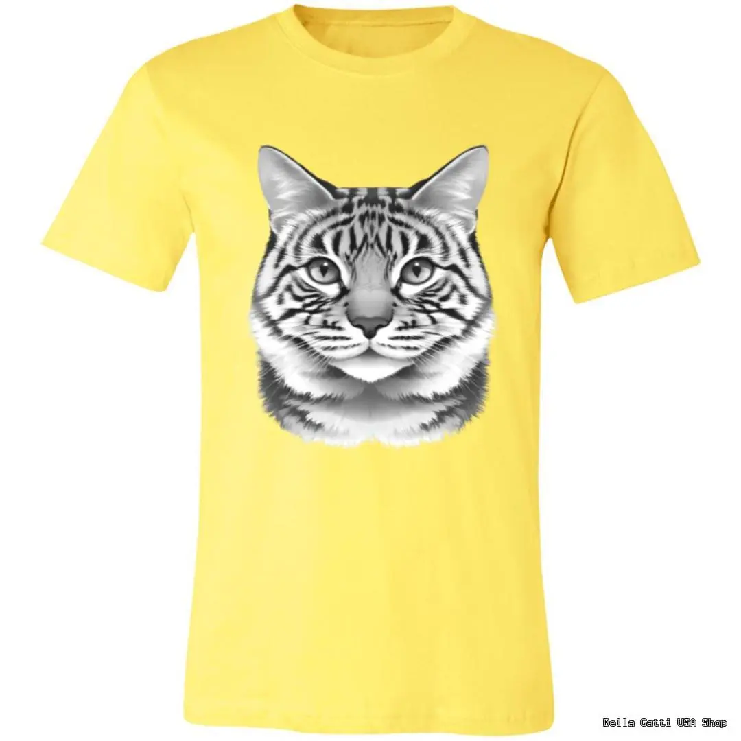 A yellow T-shirt featuring a large, realistic black-and-white illustration of a tabby cat’s face centered on the chest. The cat has striking stripes and a direct gaze. The shirt is displayed on a plain white background.