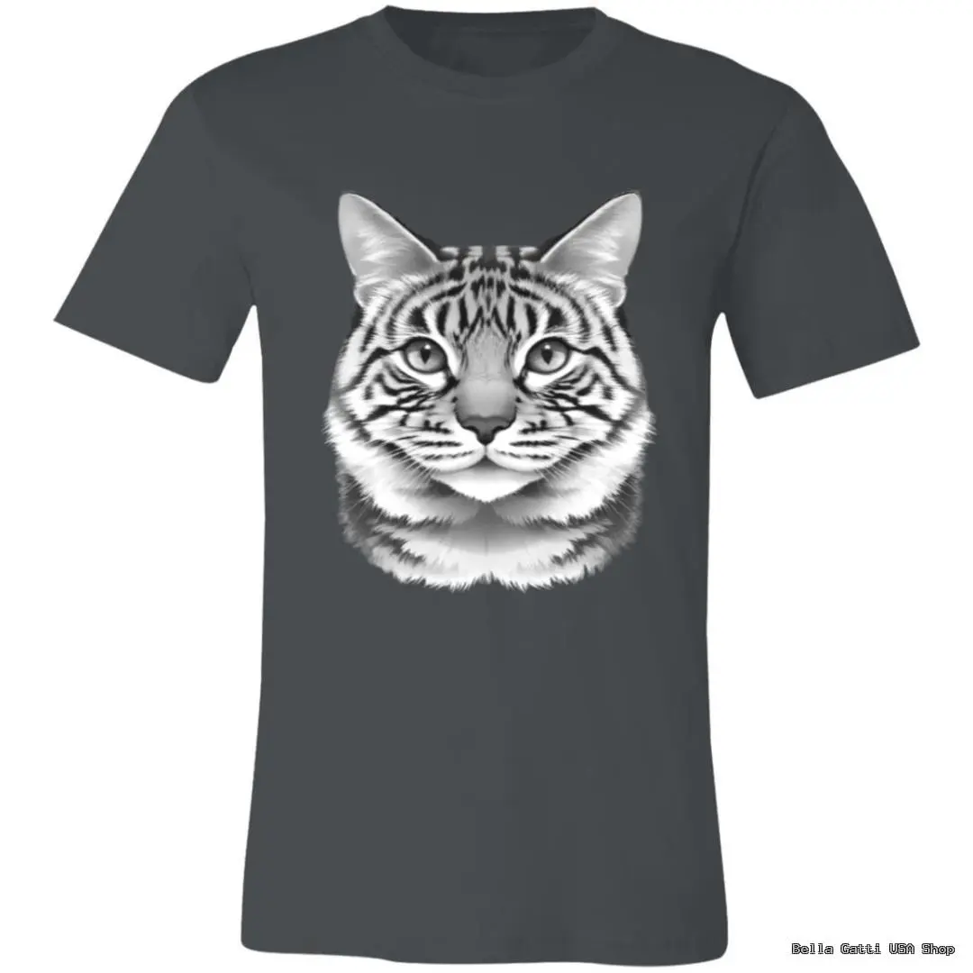 A dark gray T-shirt featuring a realistic, detailed grayscale illustration of a cat’s face centered on the chest. The cat has prominent stripes, pointed ears, and a direct, alert gaze. The T-shirt has short sleeves and a classic crew neckline.