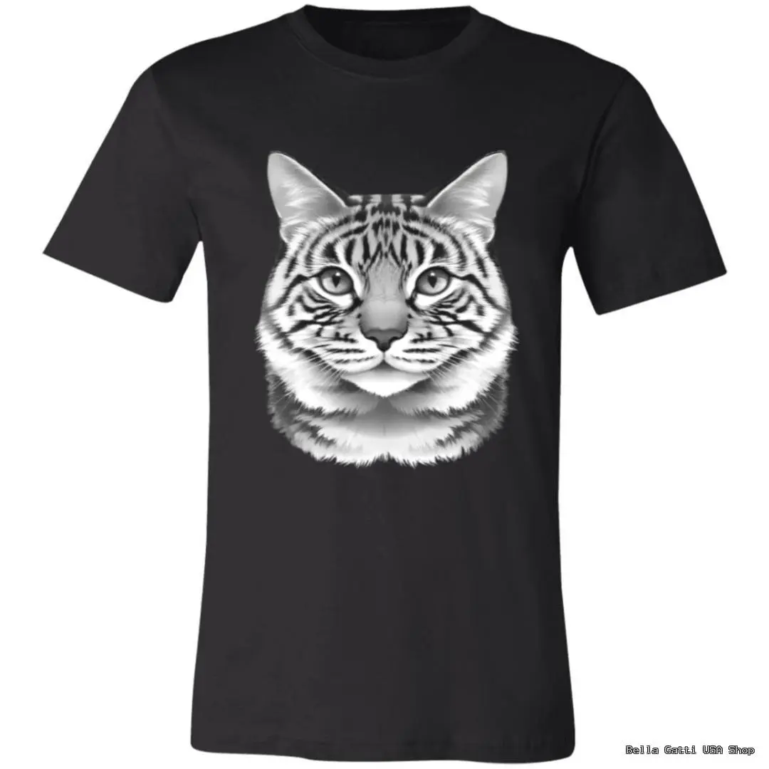 A black T-shirt featuring a realistic, grayscale illustration of a tabby cat’s face centered on the chest. The cat has detailed fur markings, wide eyes, and a calm expression. The shirt is displayed on a plain white background.