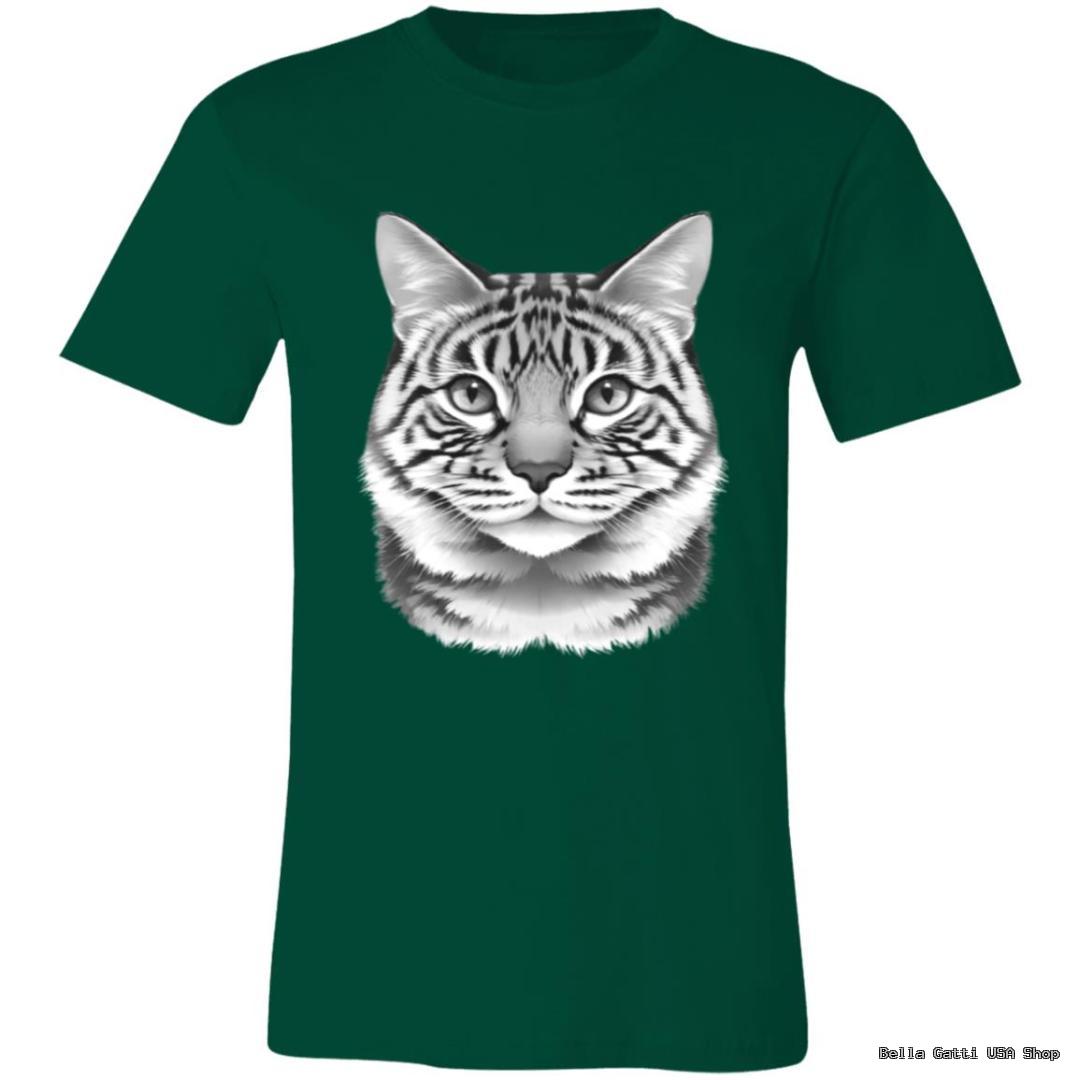 A green T-shirt featuring a large, realistic grayscale illustration of a tabby cat’s face centered on the chest. The cats eyes look straight ahead, and its fur is detailed with stripes. The shirt has a simple, classic crew neck design.