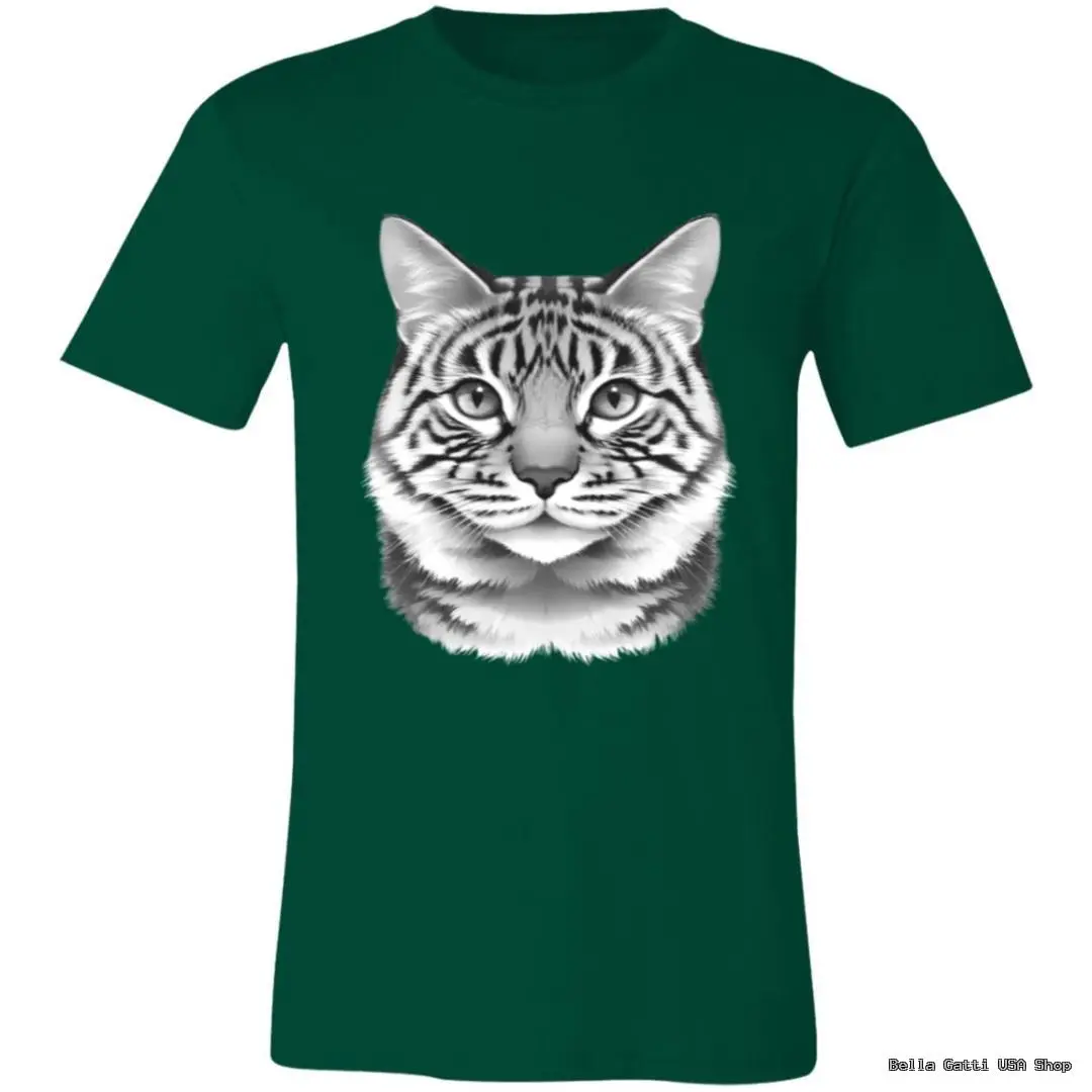 A green T-shirt featuring a large, realistic grayscale illustration of a tabby cat’s face centered on the chest. The cats eyes look straight ahead, and its fur is detailed with stripes. The shirt has a simple, classic crew neck design.