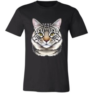 Black T-shirt featuring a large, realistic illustration of a tabby cats face with green eyes, pink nose, and detailed fur in shades of gray, white, and black, centered on the chest. The background and T-shirt are plain black.