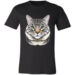 Black T-shirt featuring a large, realistic illustration of a tabby cats face with green eyes, pink nose, and detailed fur in shades of gray, white, and black, centered on the chest. The background and T-shirt are plain black.