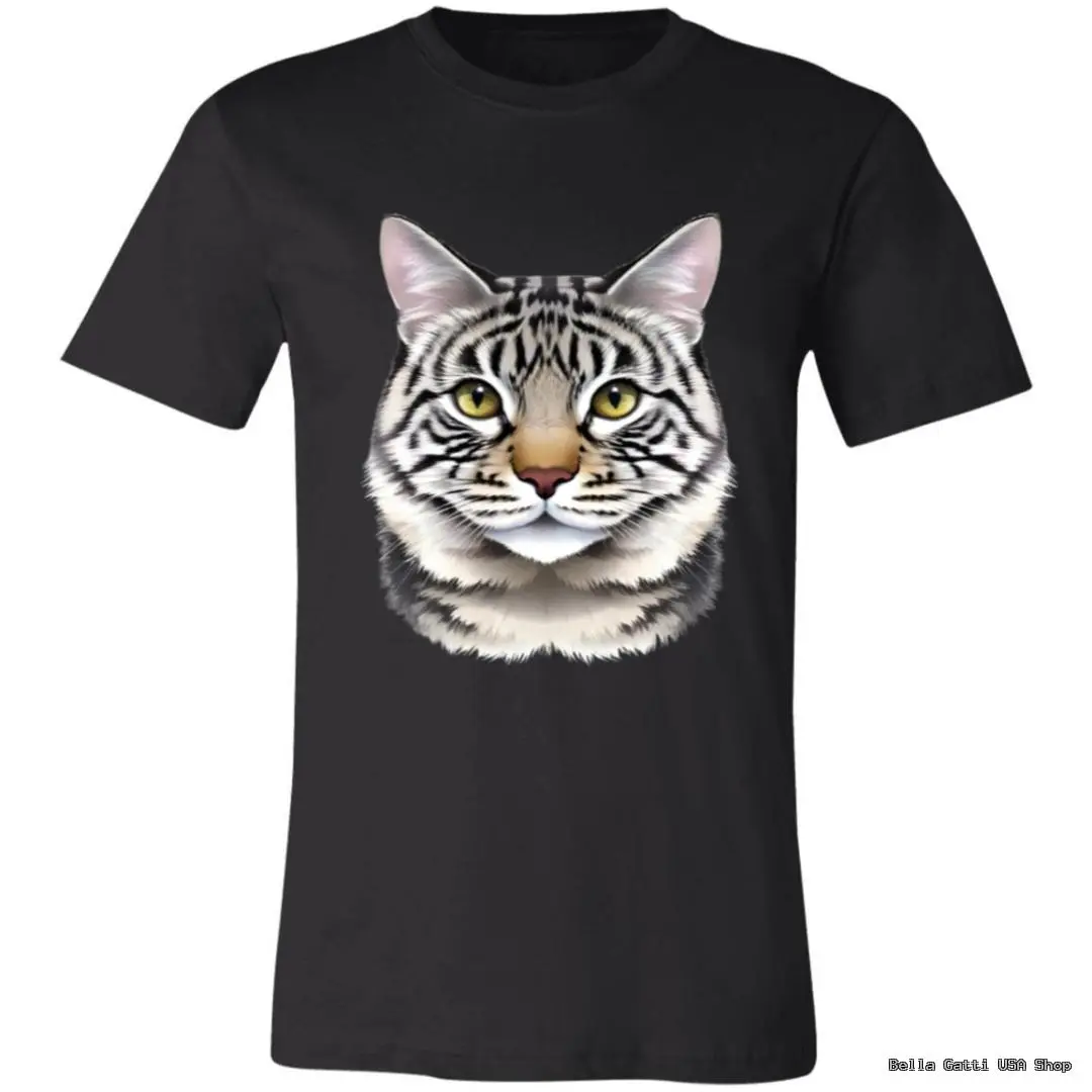 Black T-shirt featuring a large, realistic illustration of a tabby cats face with green eyes, pink nose, and detailed fur in shades of gray, white, and black, centered on the chest. The background and T-shirt are plain black.
