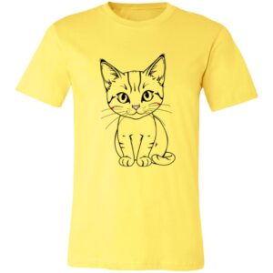 A yellow T-shirt featuring a simple, black line drawing of a cute, wide-eyed cat sitting upright, facing forward. The cat’s facial whiskers, stripes, and ears are detailed, and two short red lines accent the cat’s cheeks.