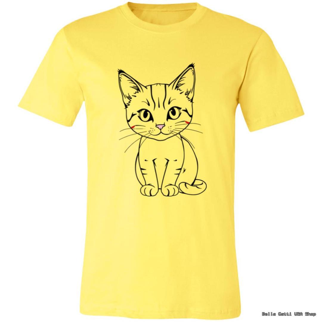A yellow T-shirt featuring a simple, black line drawing of a cute, wide-eyed cat sitting upright, facing forward. The cat’s facial whiskers, stripes, and ears are detailed, and two short red lines accent the cat’s cheeks.