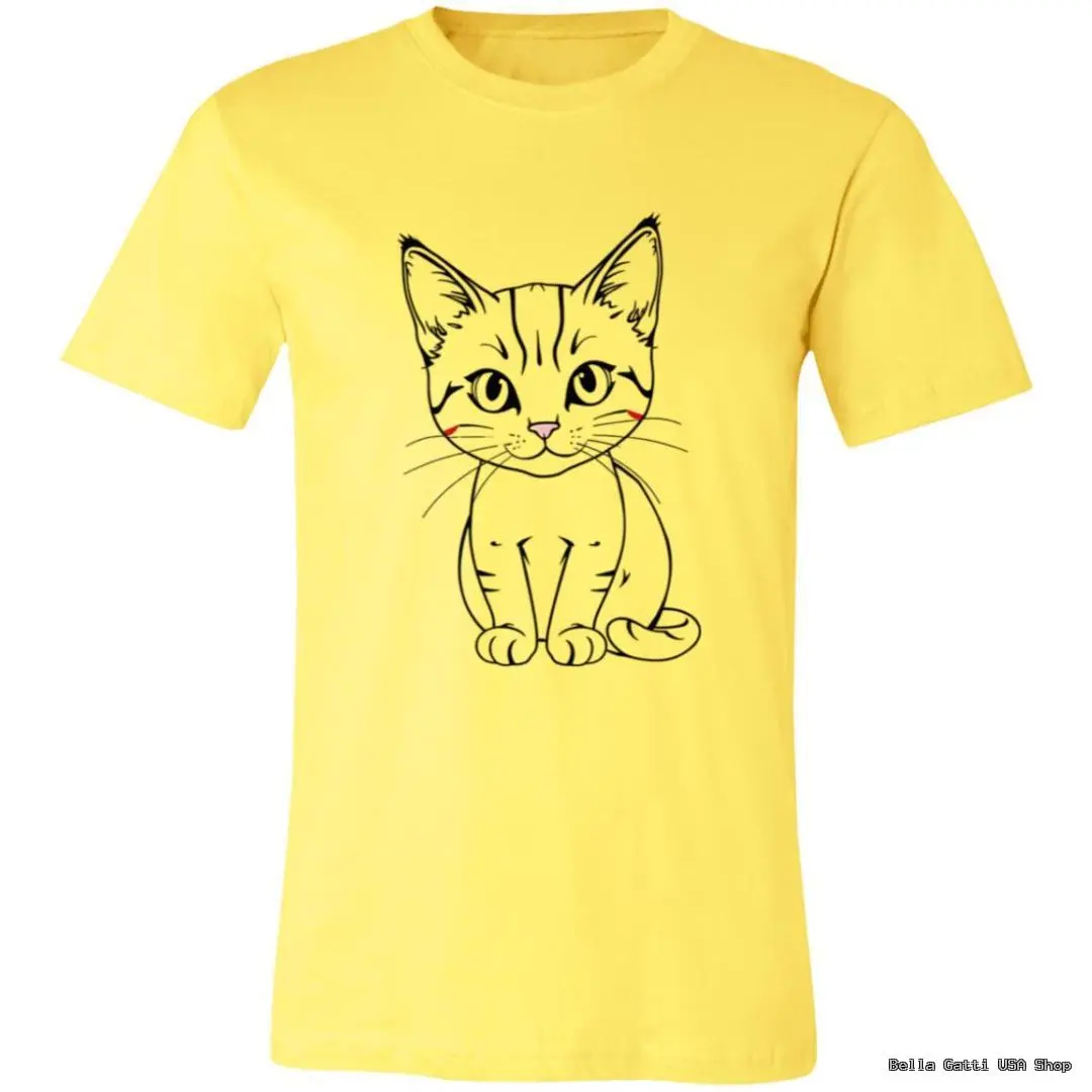 A yellow T-shirt featuring a simple, black line drawing of a cute, wide-eyed cat sitting upright, facing forward. The cat’s facial whiskers, stripes, and ears are detailed, and two short red lines accent the cat’s cheeks.