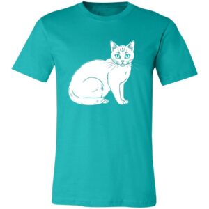 A teal T-shirt featuring a simple white line drawing of a sitting cat with pointed ears, large eyes, and a curved tail. The illustration is centered on the chest area, with no other visible designs or text on the shirt.
