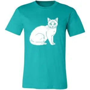 A teal T-shirt featuring a simple white line drawing of a sitting cat with pointed ears, large eyes, and a curved tail. The illustration is centered on the chest area, with no other visible designs or text on the shirt.