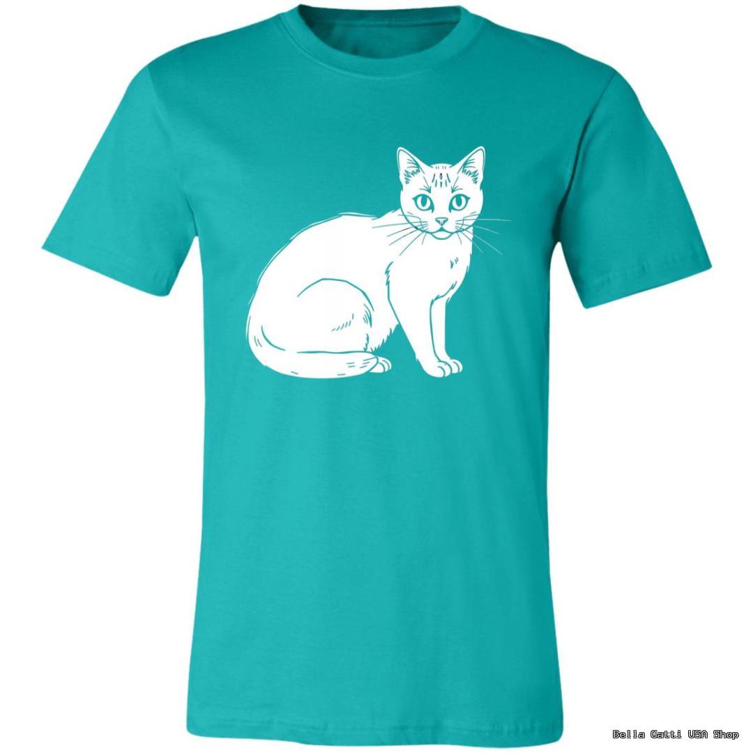 A teal T-shirt featuring a simple white line drawing of a sitting cat with pointed ears, large eyes, and a curved tail. The illustration is centered on the chest area, with no other visible designs or text on the shirt.