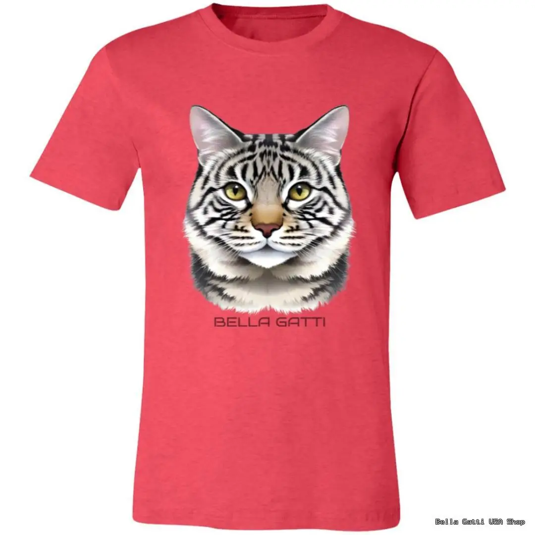 A red T-shirt featuring a realistic illustration of a gray tabby cat’s face with green eyes. Below the cat, the text “BELLA GATTI” is printed in uppercase letters. The shirt is displayed on a plain white background.