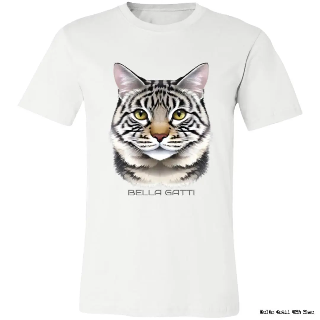 A white T-shirt features a realistic, detailed illustration of a tabby cat’s face with green eyes, centered on the chest. Below the cat image, the words “BELLA GATTI” are printed in gray, all-capital, modern sans-serif font.