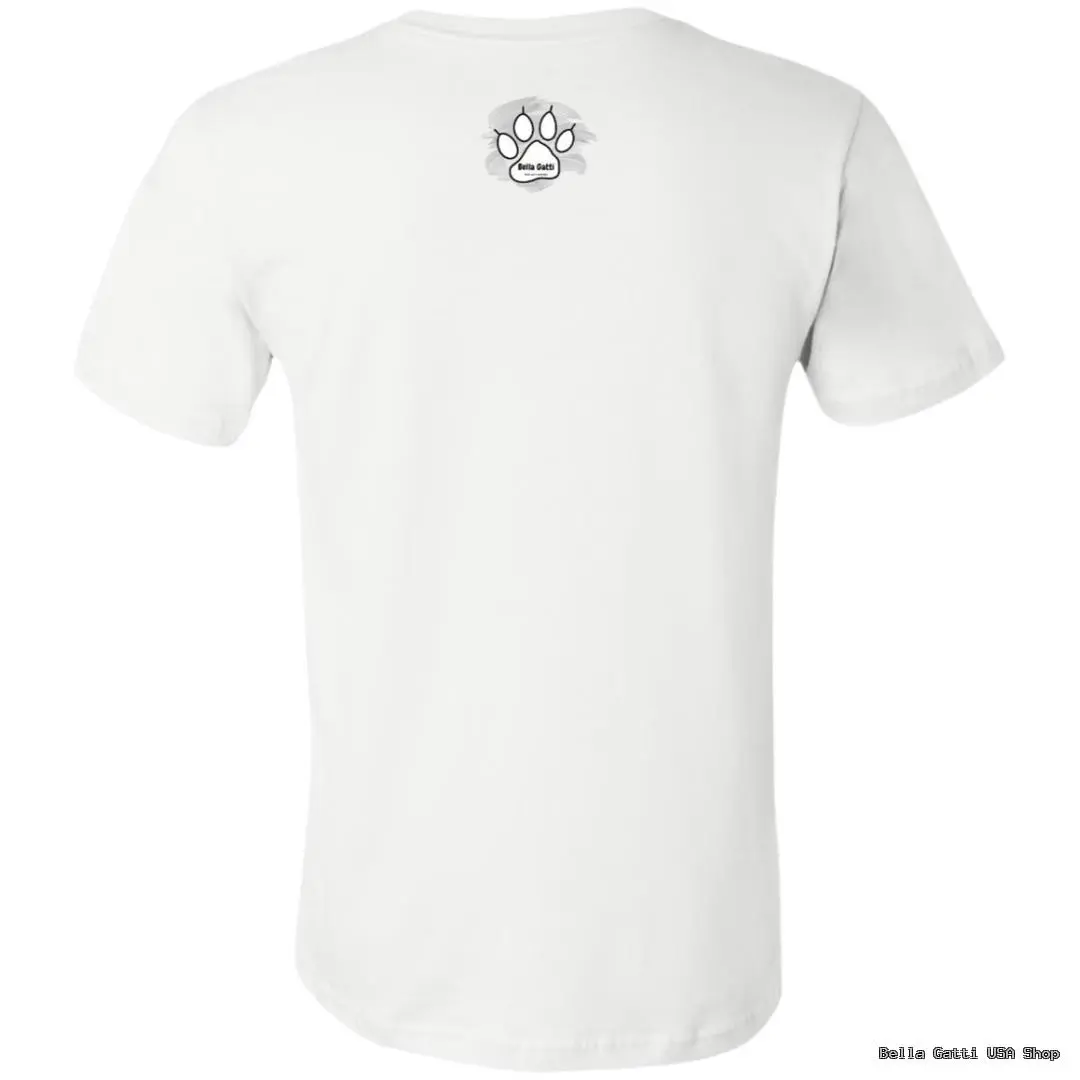 Back view of a plain white T-shirt featuring a small black paw print graphic with the word Rescue inside it, centered near the upper back below the collar. The rest of the shirt is unadorned and has short sleeves.