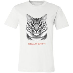 A white T-shirt features a detailed, realistic black-and-gray cat face illustration centered on the chest. Below the cat’s face, the words “BELLA GATTI” are written in bold, orange capital letters.