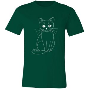 A green T-shirt featuring a minimalist, white line drawing of a sitting cat with large eyes and long whiskers on the chest area. The cat’s tail curls around its paws, and the shirt has a classic crew neck and short sleeves.
