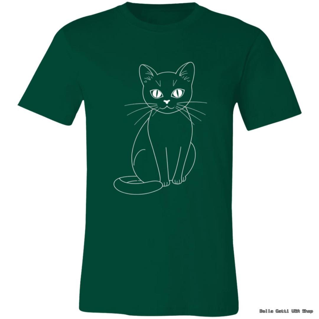 A green T-shirt featuring a minimalist, white line drawing of a sitting cat with large eyes and long whiskers on the chest area. The cat’s tail curls around its paws, and the shirt has a classic crew neck and short sleeves.