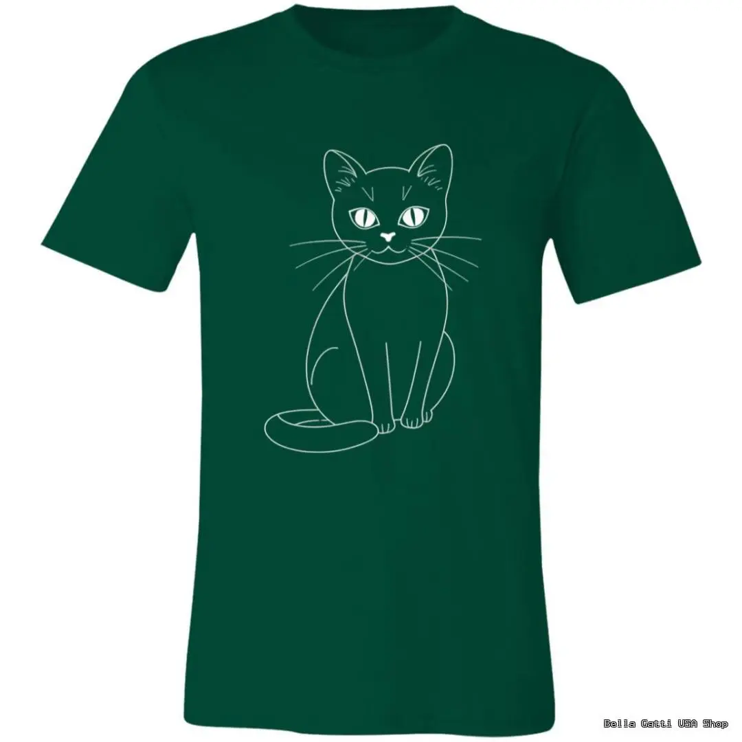 A green T-shirt featuring a minimalist, white line drawing of a sitting cat with large eyes and long whiskers on the chest area. The cat’s tail curls around its paws, and the shirt has a classic crew neck and short sleeves.