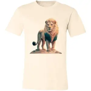 A cream-colored T-shirt features a realistic illustration of a proud, standing lion with a full mane, depicted on a flat surface in the center of the shirt. The design has soft shading and natural hues, making the lion appear majestic and lifelike.