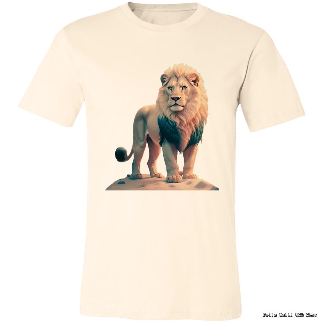 A cream-colored T-shirt features a realistic illustration of a proud, standing lion with a full mane, depicted on a flat surface in the center of the shirt. The design has soft shading and natural hues, making the lion appear majestic and lifelike.