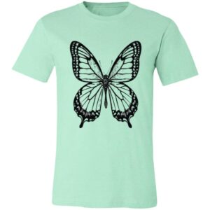 A light mint green T-shirt featuring a large, detailed black line illustration of a butterfly centered on the chest. The butterfly has symmetrical wings with intricate patterns and shading, creating a bold contrast against the shirt’s pastel background.
