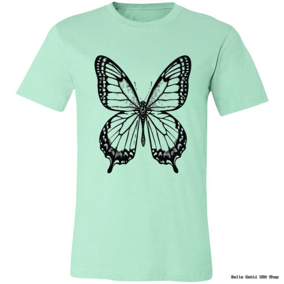 A light mint green T-shirt featuring a large, detailed black line illustration of a butterfly centered on the chest. The butterfly has symmetrical wings with intricate patterns and shading, creating a bold contrast against the shirt’s pastel background.