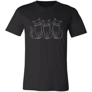 A black T-shirt features a simple white line drawing of three cute cats sitting in a row. The cats have large eyes, upright ears, and curved tails. The overall design is minimalist and centered on the chest of the shirt.