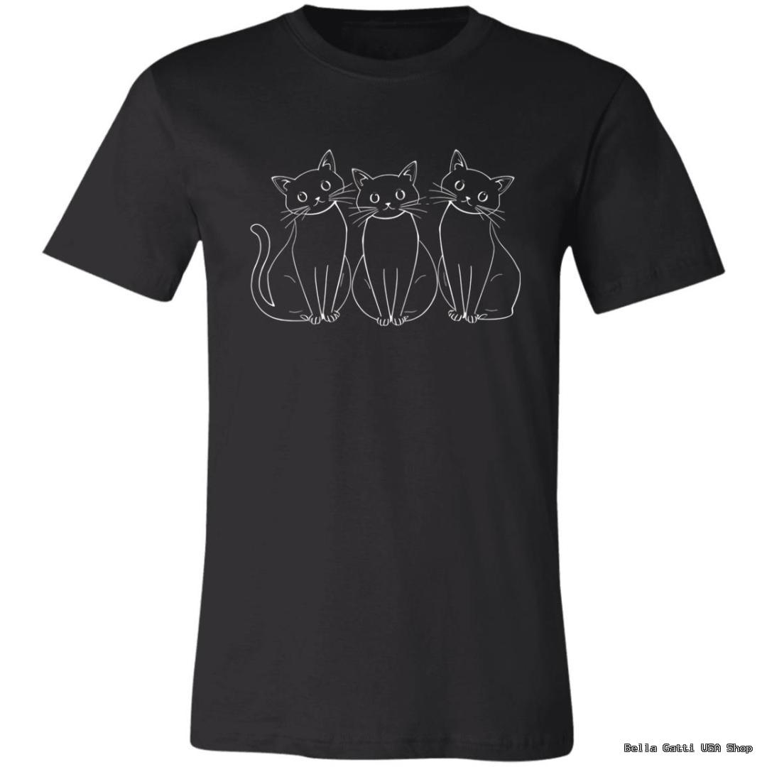 A black T-shirt features a simple white line drawing of three cute cats sitting in a row. The cats have large eyes, upright ears, and curved tails. The overall design is minimalist and centered on the chest of the shirt.