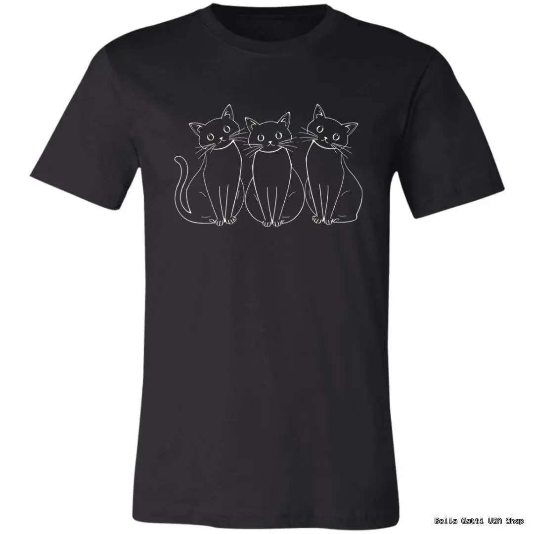 A black T-shirt features a simple white line drawing of three cute cats sitting in a row. The cats have large eyes, upright ears, and curved tails. The overall design is minimalist and centered on the chest of the shirt.