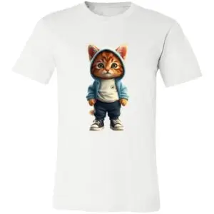 A white T-shirt features a graphic of a cute orange tabby kitten standing upright, dressed in a blue hoodie, white T-shirt, dark pants, and black sneakers. The kitten’s hoodie is up, and its expression is curious and endearing.