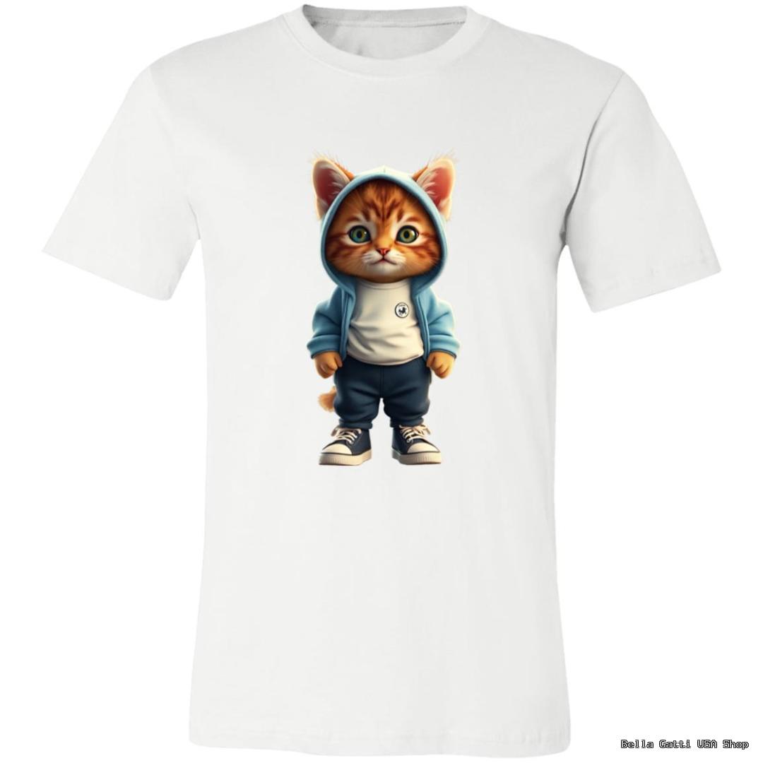 A white T-shirt features a graphic of a cute orange tabby kitten standing upright, dressed in a blue hoodie, white T-shirt, dark pants, and black sneakers. The kitten’s hoodie is up, and its expression is curious and endearing.