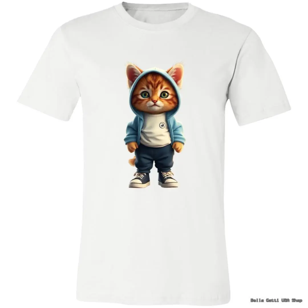 A white T-shirt features a graphic of a cute orange tabby kitten standing upright, dressed in a blue hoodie, white T-shirt, dark pants, and black sneakers. The kitten’s hoodie is up, and its expression is curious and endearing.