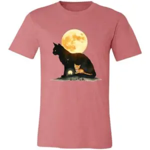 A pink t-shirt features a large black cat silhouette. Inside the cat is a scene with a small orange-and-white cat, a glowing sun, trees, and grass. Behind the black cat is a large, yellow full moon with a warm glow.