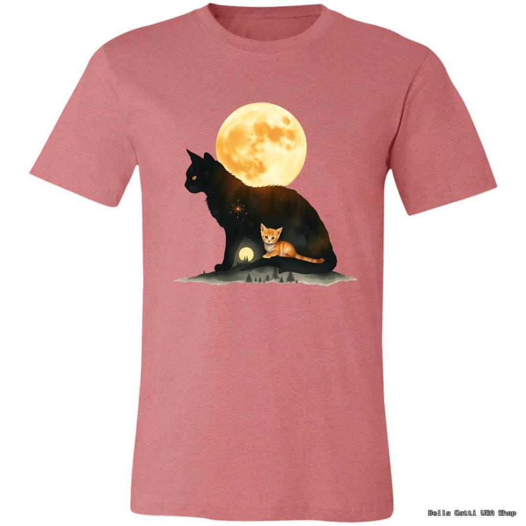 A pink t-shirt features a large black cat silhouette. Inside the cat is a scene with a small orange-and-white cat, a glowing sun, trees, and grass. Behind the black cat is a large, yellow full moon with a warm glow.
