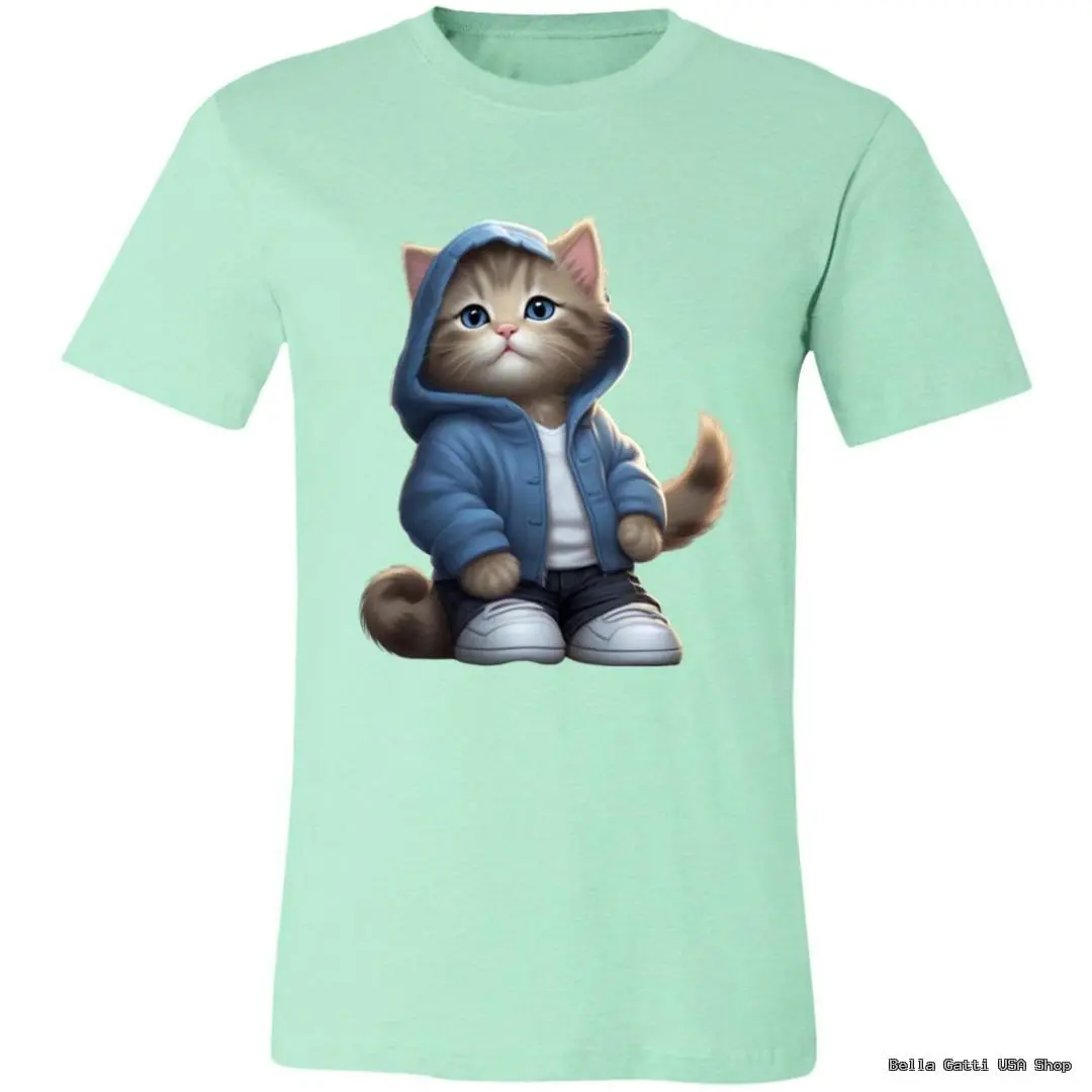 A mint green T-shirt featuring an illustration of a cute, fluffy kitten sitting upright, wearing a blue hoodie and black-and-white sneakers. The kitten has big blue eyes and a slightly tilted head, giving it an adorable, playful appearance.