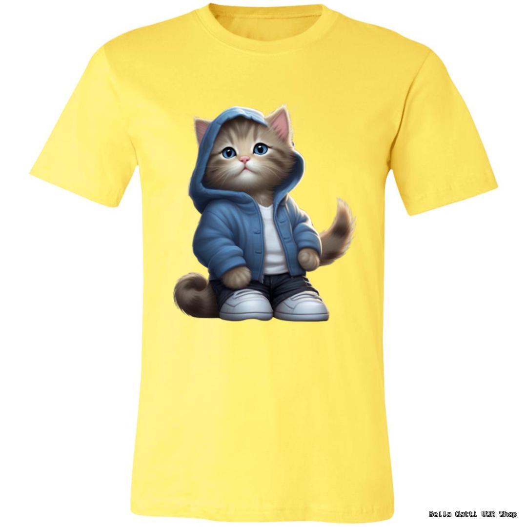 A yellow T-shirt features a cute illustration of a fluffy gray kitten wearing a blue hoodie, white shirt, and sneakers. The kitten stands upright with big blue eyes, pink ears, and a small tail, creating a playful and endearing look.