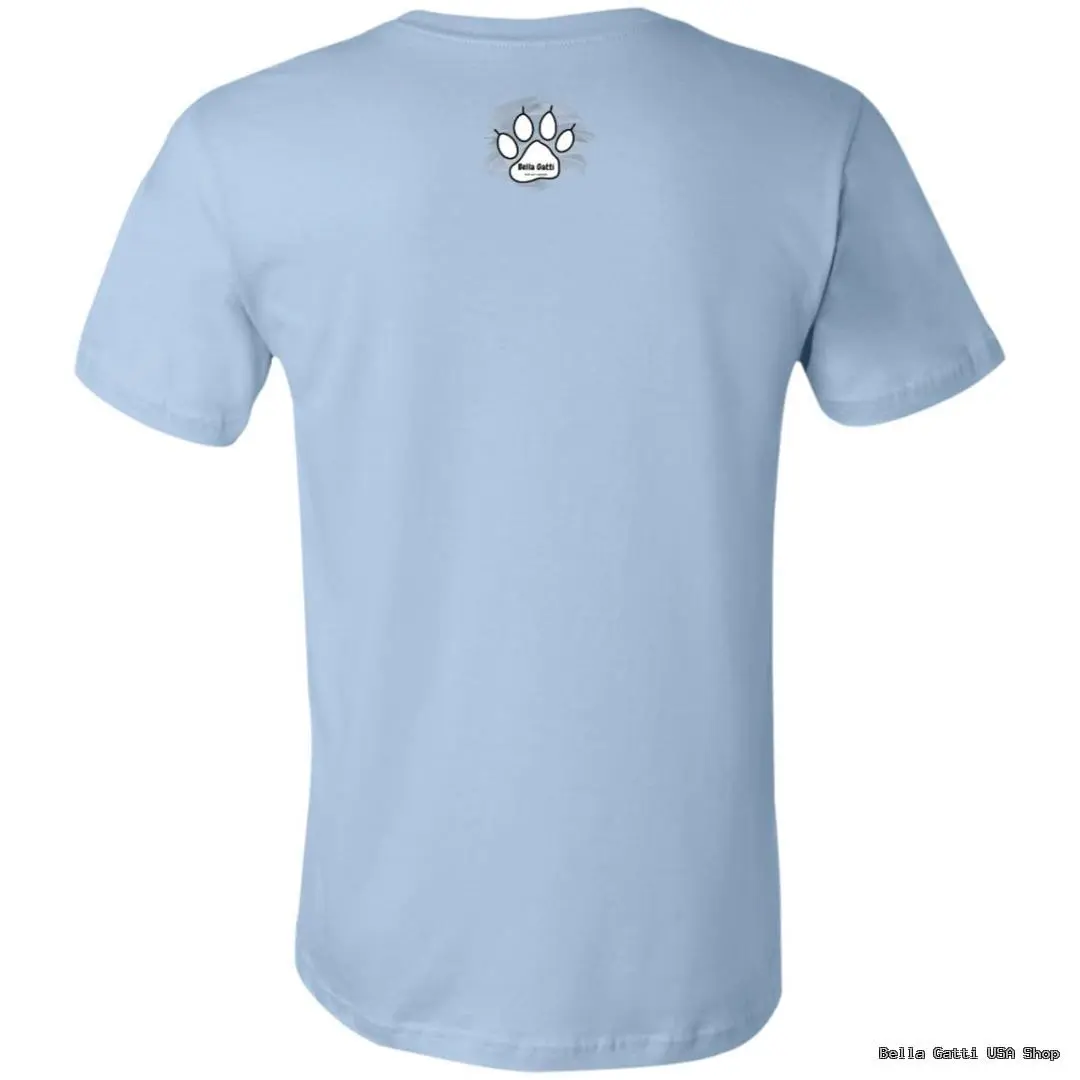 A light blue t-shirt is shown from the back. At the upper center near the collar, there is a small white paw print graphic with the word Rescue inside it. The rest of the shirt is plain with no other visible designs or text.