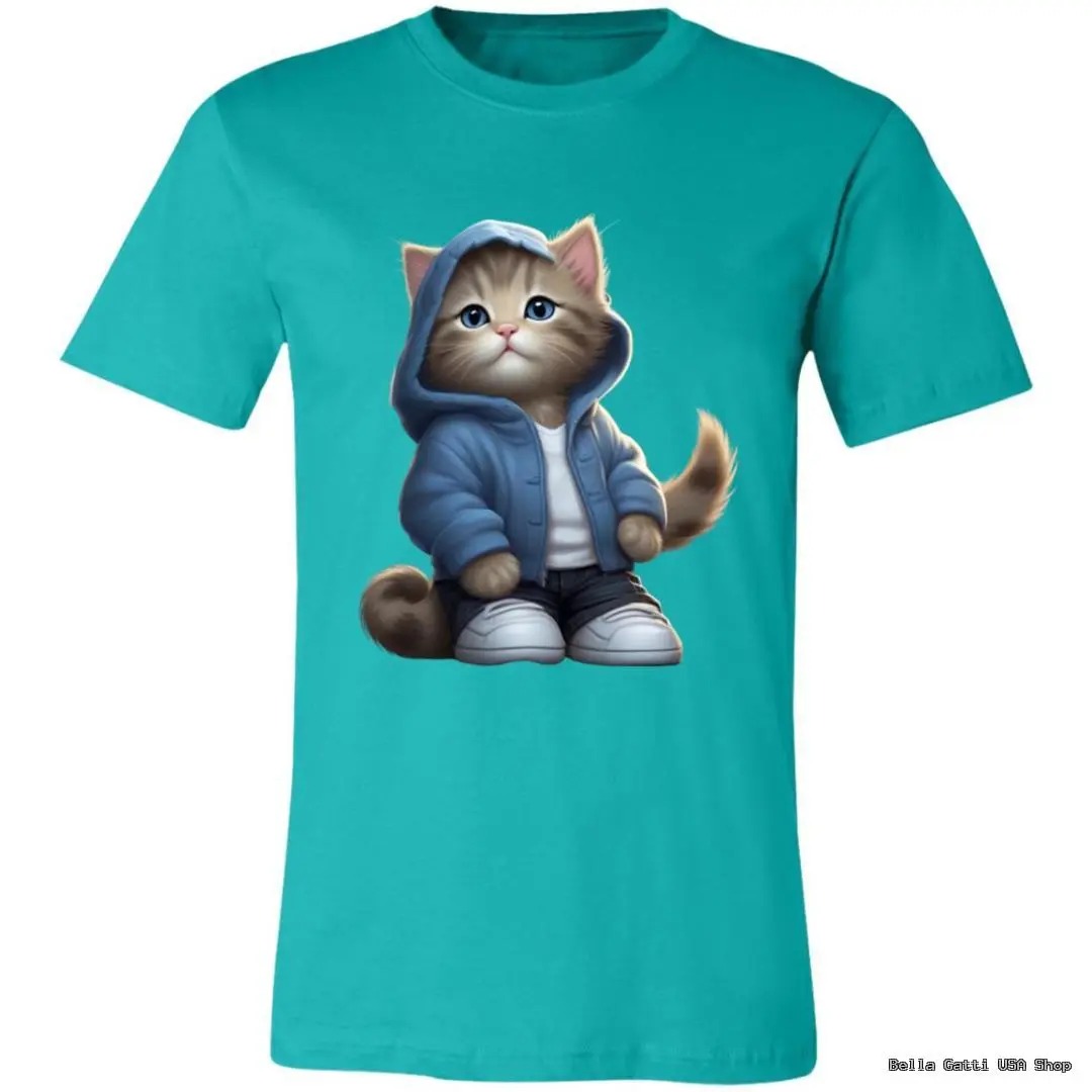 A turquoise t-shirt features a cute illustration of a gray and white kitten wearing a blue hoodie, white t-shirt, and sneakers, sitting with a sweet expression and ears poking out of the hood. The shirt has short sleeves and no other visible designs.